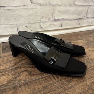 Stuart Weitzman Midway Black Tweed Mules‎ Size 6.5M Patent Leather Flap Spain